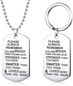 2Pcs Stainless Tag Necklace Military Keychain for Men Army Dog Tags Pendant Inspirational Words Beads Ball Chain Necklace Silver Tone